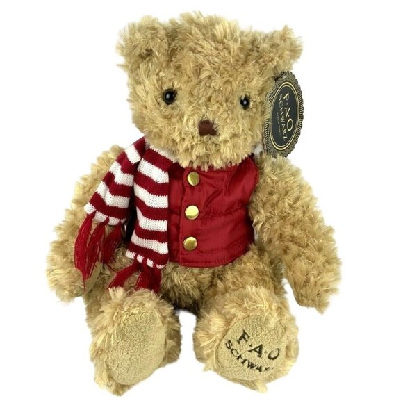 FAO Schwarz Teddy Bear 16 inch Plush Red Puffer Vest Striped Scarf - Picture 1 of 7